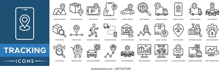 Tracking icon set. Location Tracking, Package Tracking, GPS Tracking, Asset Monitoring, Vehicle Monitoring, Location Monitoring, Shipment Management and Real time Monitoring