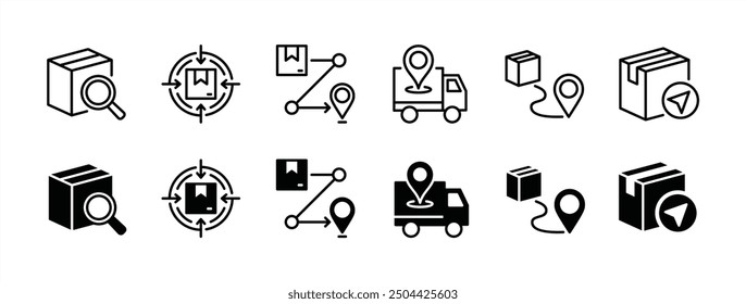 Tracking location cargo delivery truck flat and thin line icon set. Containing searching magnifying glass, package target, courier travel route, GPS or navigation, cardboard box. Vector illustration