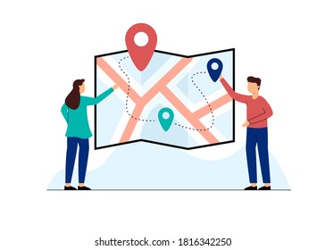 tracking location illustration concept, woman and man search in front of map with gps coordinates
