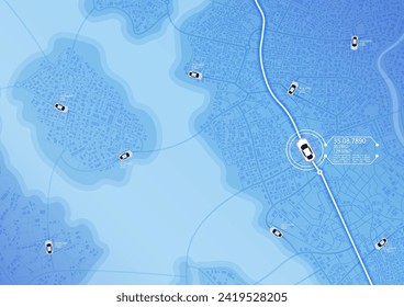 Tracking location and planned route on the map. Intended goals, destinations, roads throughout map. Navigation for obtaining data on distance, turns of path, location dashboard. Vector, illustration