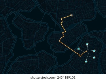 Tracking location and planned route on the map. Intended goals, destinations, roads throughout map. Navigation for obtaining data on distance, turns of path, location dashboard. Vector, illustration