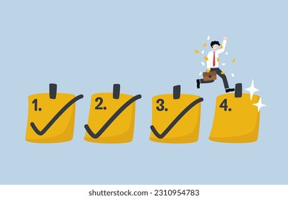 Tracking and managing to do list, completing tasks in order to priority, scheduled work progress concept, Businessman celebrating after prioritized sticky notes being ticked.