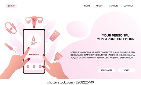 Tracking The Menstrual Cycle.Personal Menstruation Calendar In The Mobile Application. Vector Illustration For Advertising, Banner, Website.