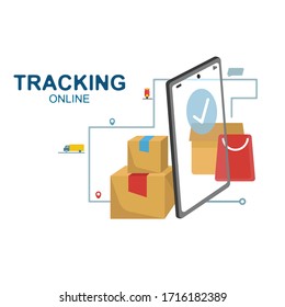 Tracking Mobile Application, with item Shopping Online on Website or smartphone Vector Concept. use for marketing, market illustration or other