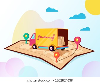 Tracking online cargo delivery online. Delivery tracking way car map concept. Vector flat cartoon isolated graphic design illustration