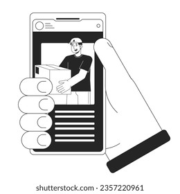 Tracking package delivery by courier bw concept vector spot illustration. Online app on smartphone 2D cartoon flat line monochromatic hand for web UI design.editable isolated outline hero image