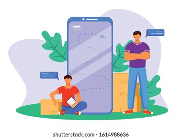 Tracking package flat color vector illustration. Getting post notification. Receiving order. Delivery services. Boy sitting next to box isolated cartoon character on white background