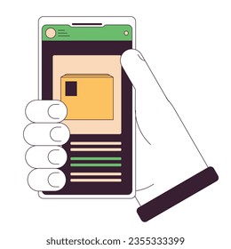 Tracking package flat line concept vector spot illustration. Holding smartphone with online delivery platform app 2D cartoon outline hand on white for web UI design. editable isolated color hero image