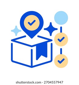 Symbol "Paketposition verfolgen", Umrisssymbol für die Zustellungsüberwachung, Lieferstatus, Logistikbewegung, Paketaktualisierungen und Auftragsbearbeitung. Vektorsymbol.