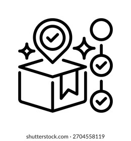 Symbol "Paketposition verfolgen", Umrisssymbol für die Zustellungsüberwachung, Lieferstatus, Logistikbewegung, Paketaktualisierungen und Auftragsbearbeitung. Vektorsymbol.