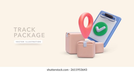 Tracking Package Location With Pin, Boxes, And Clipboard. Perfect Concept For Shipping Status, Delivery App, Or Logistics Software UI. Clean 3D Style. Vector Illustration.