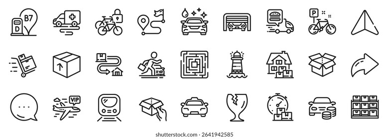 Tracking parcel, Car wash and Hold box line icons pack. Share, Message, Paper plane icons. Diesel station, Fragile package, Taxi web icon. Vector
