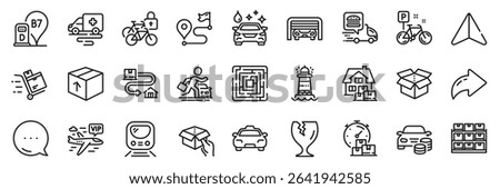 Tracking parcel, Car wash and Hold box line icons pack. Share, Message, Paper plane icons. Diesel station, Fragile package, Taxi web icon. Vector