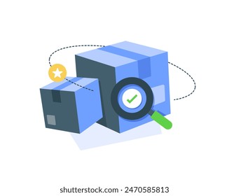Tracking parcel in cardboard box,Track the parcel concept. Magnifying glass with check mark