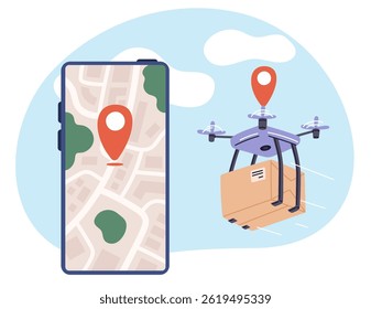 Rastreando drone de entrega de encomendas na tela do smartphone. Encomende transporte aéreo. Envio de caixa de papelão. Aplicativo móvel. Pino GPS. Mapa de controle de localização. Tecnologia robótica