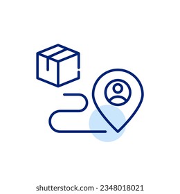 Rastreo de entrega de paquetes desde el almacén a la dirección del hogar. Icono perfecto de píxeles