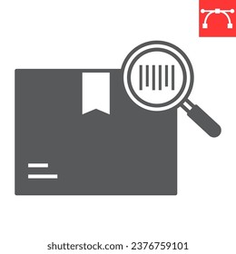 Tracking Parcel glyph icon, magnifier and find, barcode tracking vector icon, vector graphics, editable stroke solid sign, eps 10.