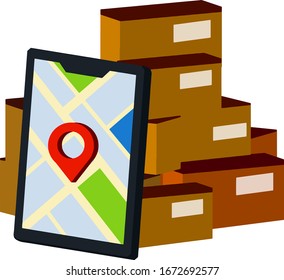 Tracking of parcel. Lots of cardboard boxes. Pile of packages. Mobile phone with city map and pin. Delivery route. Concept of mail Apps. Cartoon flat illustration