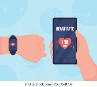 Tracking pulse with gadgets flat color vector illustration. Monitoring pulse for fitness. Looking on smartwatch and mobile phone screen 2D cartoon first view hand with abstract background