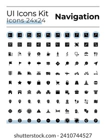 Tracking real time location black glyph ui icons set. GPS tool. Silhouette symbols on white space. Solid pictograms for web, mobile. Isolated vector illustrations. Montserrat Bold, Light fonts used