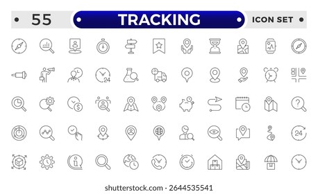 Conjunto de ícones relacionados ao rastreamento. Incluindo logística, depósito, entrega, transporte, estoque, frete, distribuição e cadeia de suprimentos.
