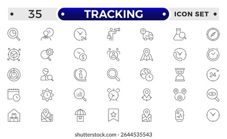 Conjunto de ícones relacionados ao rastreamento. Incluindo logística, depósito, entrega, transporte, estoque, frete, distribuição e cadeia de suprimentos.
