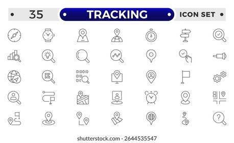 Conjunto de ícones relacionados ao rastreamento. Incluindo logística, depósito, entrega, transporte, estoque, frete, distribuição e cadeia de suprimentos.
