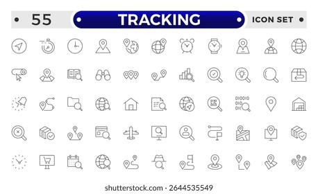 Conjunto de ícones relacionados ao rastreamento. Incluindo logística, depósito, entrega, transporte, estoque, frete, distribuição e cadeia de suprimentos.
