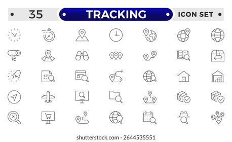 Tracking related icons set. Including logistics, warehouse, delivery, transport, inventory, freight, distribution, and Supply chain.
