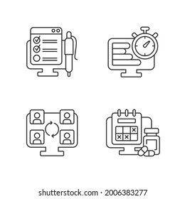 Tracking for remote work linear icons set. Online form with control checklist. Time management. Customizable thin line contour symbols. Isolated vector outline illustrations. Editable stroke