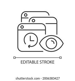 Icono lineal del historial de búsqueda de seguimiento. La actividad de navegación privada está detrás. Precauciones de privacidad. Ilustración personalizable de línea delgada. Símbolo de contorno. Dibujo de contorno aislado del vector. Trazo editable