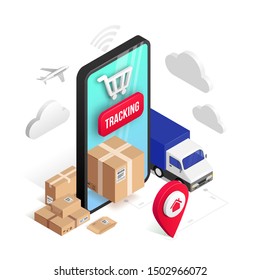 Tracking service online isometric concept with smartphone, parcel box, truck, pin isolated on white background. Logistic shopping advert 3d design. Vector illustration for web, banner, ui, mobile app