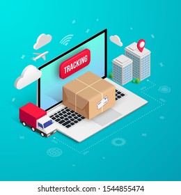 Tracking service online isometric concept with laptop, parcel box, truck, buildings on blue background. Logistic shopping advert 3d design. Vector illustration for web, banner, ui, mobile app