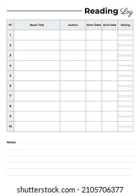 Tracking sheet for reading books