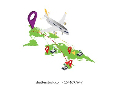 Tracking shipment worldwide search flat 3d isometric online order shipping business concept web vector illustration. World map and box route . Creative people collection.