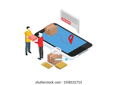 Tracking shipment worldwide search flat 3d isometric online order shipping business concept web vector illustration. World map and box route . Creative people collection.