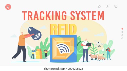 Tracking System Landing Page Template. Rfid, Radio Frequency Identification Tag Technology. Tiny Characters Use Delivery Electromagnetic Track and Reader on Cargo. Cartoon People Vector Illustration