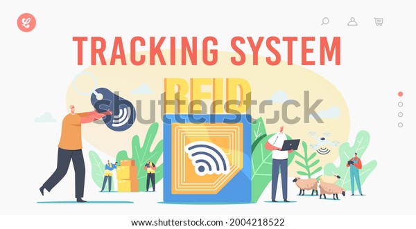 Tracking System Landing Page Template. Rfid,\
Radio Frequency Identification Tag Technology. Tiny Characters Use\
Delivery Electromagnetic Track and Reader on Cargo. Cartoon People\
Vector Illustration