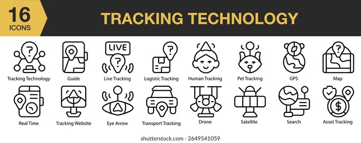 Conjunto de ícones da Tecnologia de rastreamento. Inclui rastreamento, tecnologia, gps, localização, navegação e muito mais. Contornar coleção de vetores de ícones.