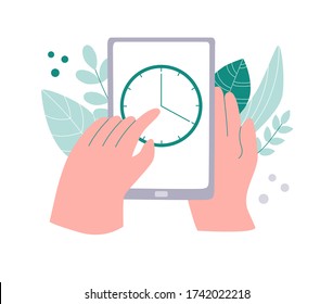 Tracking time app on phone. Working hours and productivity tracker. Time management application on a smartphone. Hands touching a device screen. Modern flat design.