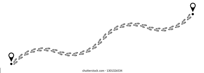 Tracking of traces of human shoes. Shoes trail track with location pin. Footsteps route. Walking wallpaper, banner, poster, footmark, fun funny navigation. Vector illustration.