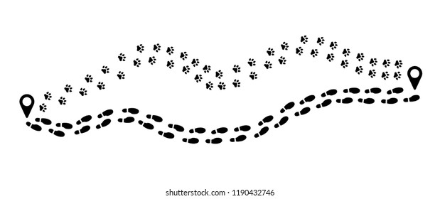 Tracking track footprints with dog. Human footpath walking route, trail. Foot or feet sign. Footsteps silhouette Vector hiking icon. Steps symbol. Walk with children or Kids shoes.
Pointer, gps icon.