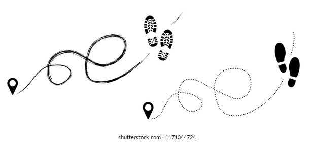 Tracking track footprints. Human footpath walking route, trail. Foot or feet sign. Footsteps silhouette Vector hiking icon. Steps symbol. Walk. Pin location logo. Pointer or point trekking route.