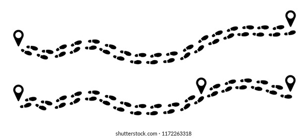 Tracking track footprints. Human footpath walking route, trail. Foot or feet sign. Footsteps silhouette Vector hiking icon. Steps symbol. Walk. Pin location logo. Pointer or point trekking route.