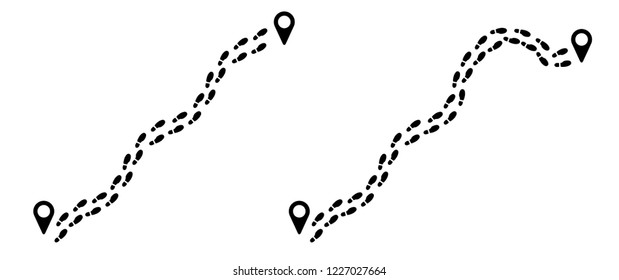 Tracking track footprints. Human footpath walking route, trail. Foot or feet sign. Footsteps silhouette Vector hiking icon. Steps symbol. Walk with children or Kids shoes.
Pointer, gps icon.