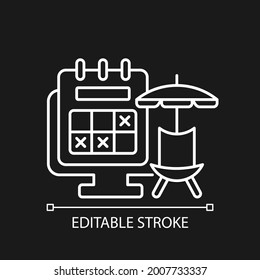 Tracking Vacation Time White Linear Icon For Dark Theme. Day Off For Rest. Work Monitoring. Thin Line Customizable Illustration. Isolated Vector Contour Symbol For Night Mode. Editable Stroke