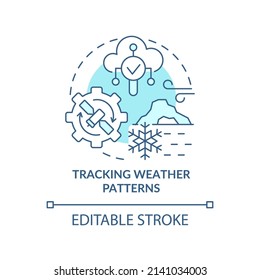 Tracking weather patterns turquoise concept icon. Space technology and climate change abstract idea thin line illustration. Isolated outline drawing. Editable stroke. Arial, Myriad Pro-Bold fonts used