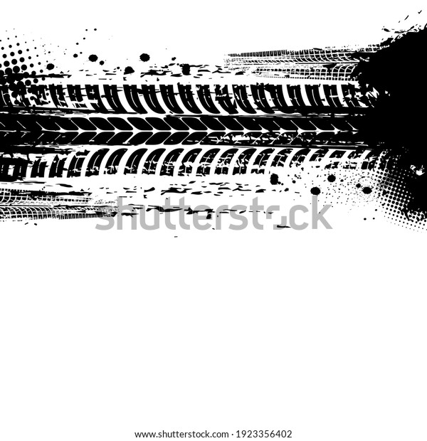 Tracks of tyre, tire print traces and bike drift\
treads, vector dirt wheels background. Car races, motorcycle or\
tractor truck tracks with halftone grunge,pattern, bicycle dirty\
marks on road mud