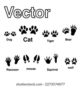 Tracks of wild animals flat illustration, Paw print. Isolated icons on white background.
