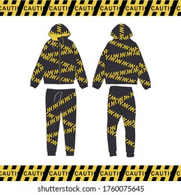 Tracksuit Design Sportswear Fashion style Black Yellow Cross Caution, Streetwear Outfit Illustration of design for manufacturing clothes